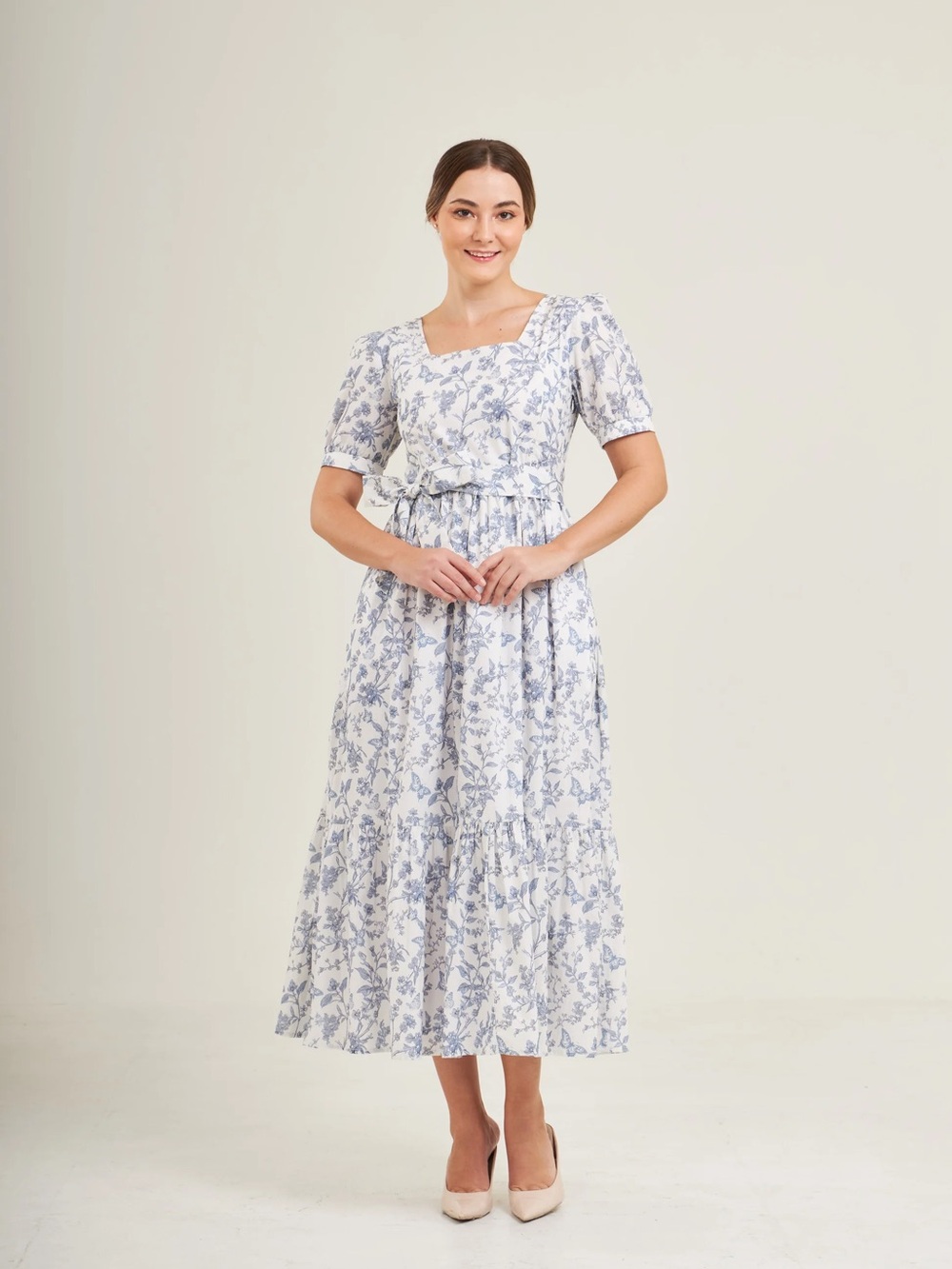 Mome Versa Maxi Dress with Nursing Zippers in Blue Toile Butterfly